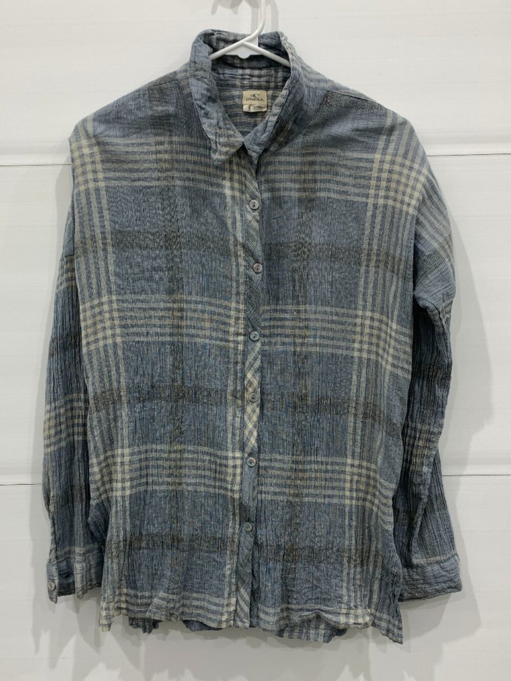 O'Neill Women's Blue Gray 100% Cotton Plaid Long Sleeve Button Up